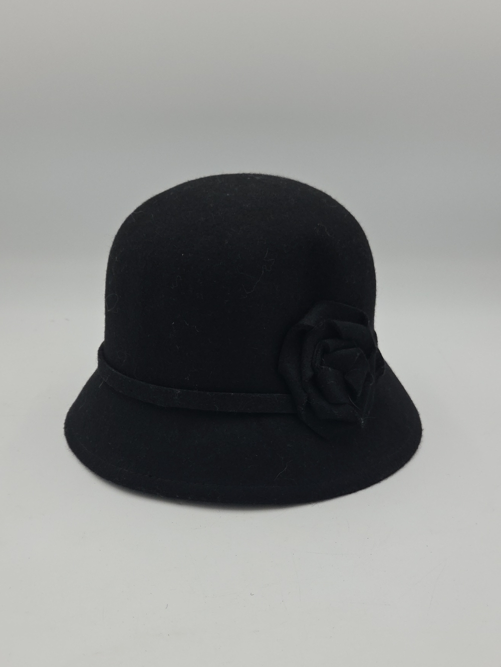 Classic Black Wool Cloche Hat with Flower Accent